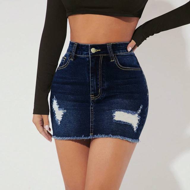 SHEIN Ripped Raw Hem Denim Skirt