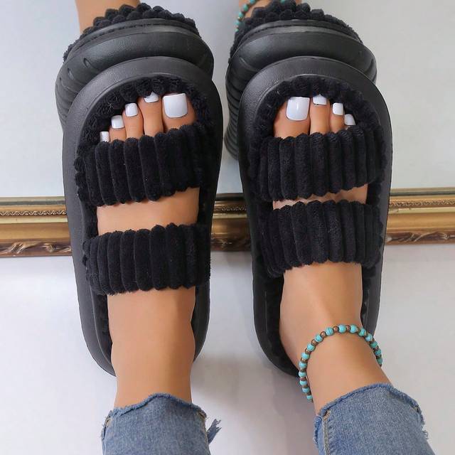 SHEIN Fashionable Women&#39;s Indoor Double-band Plush Thick-soled Slippers, Black Indoor Slippers
