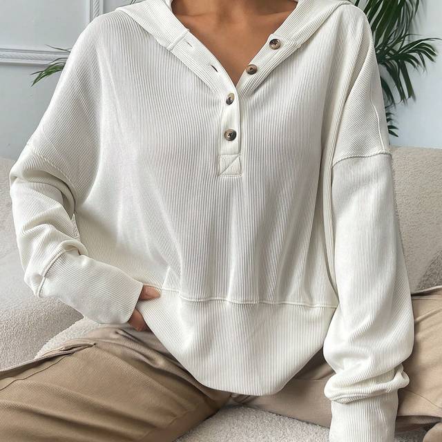 Hovtröja med halv knapp, droppe axel, långärmade toppar - Vitt (L,M,S,XL,XS,XXL,XXS)