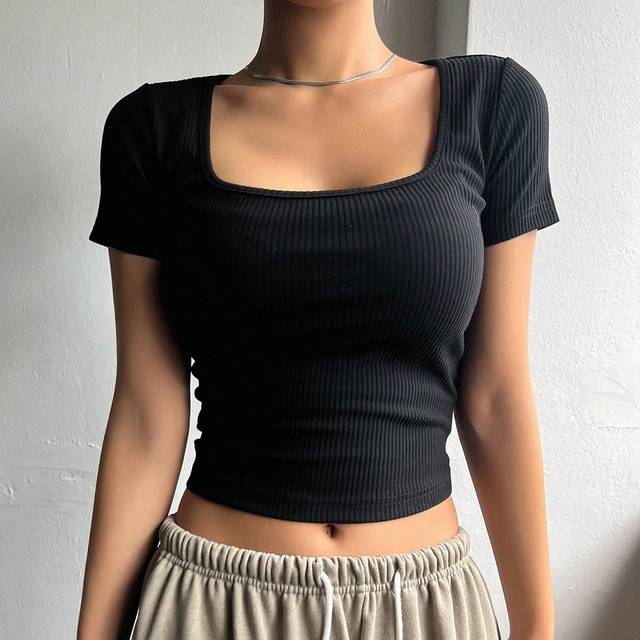 DAZY Square Neck Ribbed Knit Crop Tee
