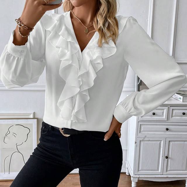 Calvaya Ruffle Trim Lantern Sleeve Blouse Women Shirt,Long Sleeve Tops