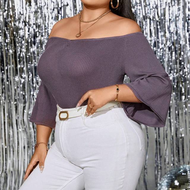 Calvaya Plus Off Shoulder Flare Sleeve Sweater