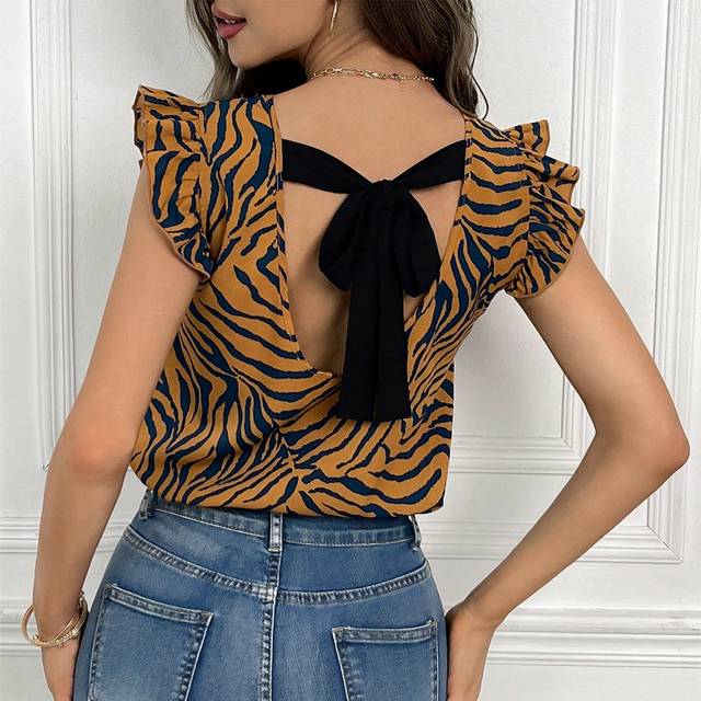 SHEIN Work Women Tops Zebra Striped Tie Backless Ruffle Trim Blouse