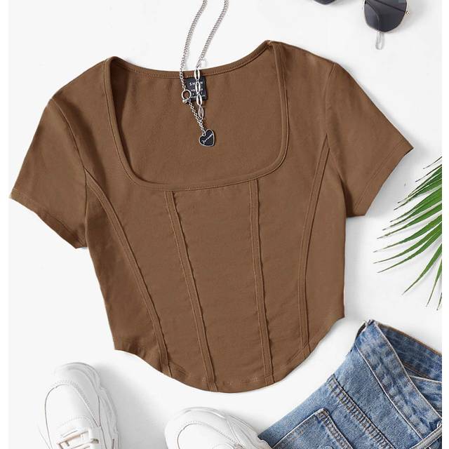 SHEIN Square Neck Seam Detail Curved Hem Crop Tee