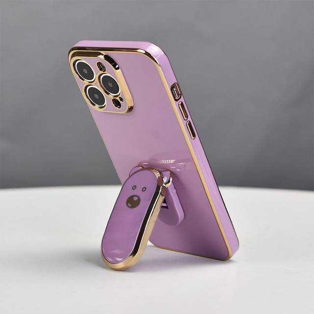 SHEIN Pink Phone Case Apple Holder 1pc Electroplating Cute Bear Design Phone Case With Hidden Stand, Purple, Anti-Shock Ultra-Lightweight Protective Shell,