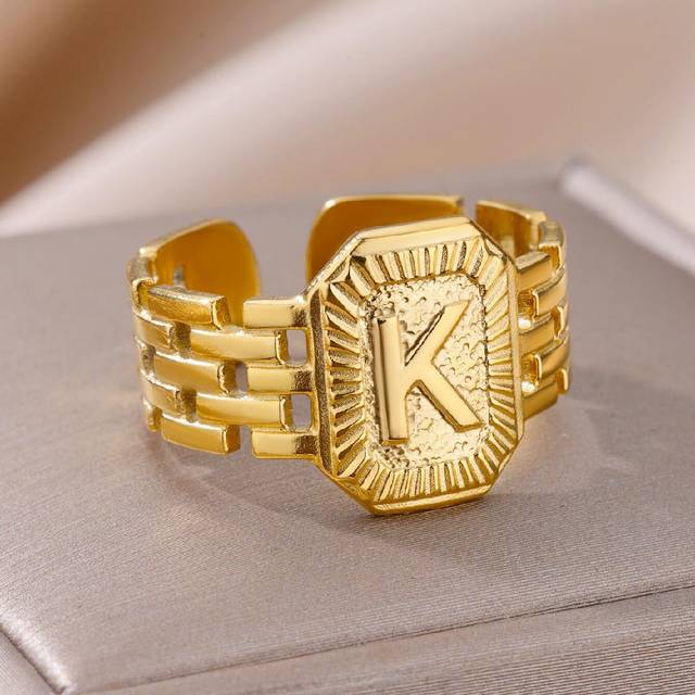 SHEIN 1pc Stainless Steel Letter Alphabet Ring With Chain For Men & Women, Couple Jewelry, Ideal For Birthday Gift
