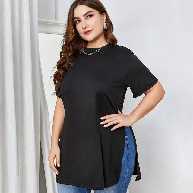 INAWLY Plus Solid Split Hem Tee