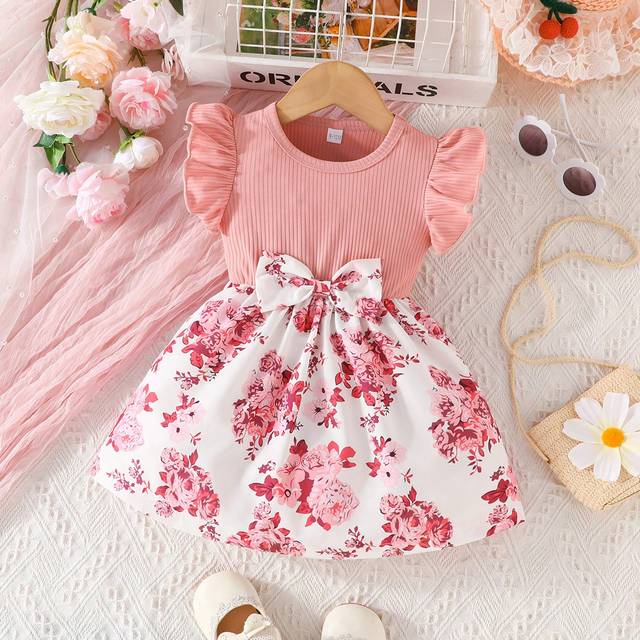 SHEIN Baby Girl Summer Sleeveless Ruffle Dress With Stripes, Bowknot, Butterfly & Flower Prints