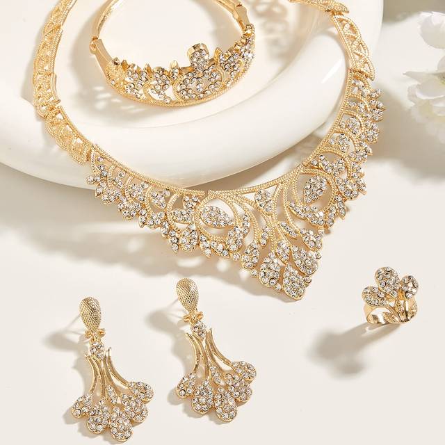 SHEIN 5pcs Elegant Wedding Jewelry Sets Gemstone Crown Women Party Necklace Bangle Earrings Ring Girlfriend Gift