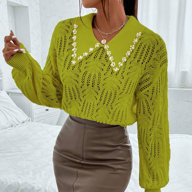 Rafferiza Pearls Beaded Collared Pointelle Knit Drop Shoulder Jumper
