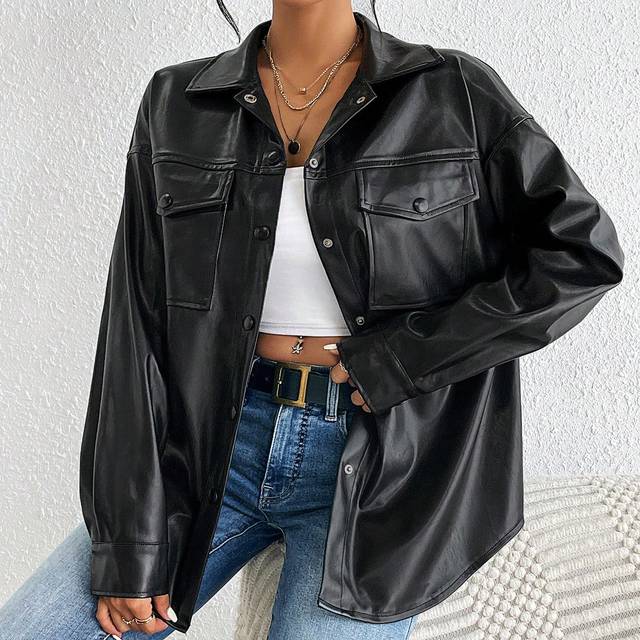 SHEIN XLucÃ a Belido Flap Pocket Drop Shoulder PU Leather Coat