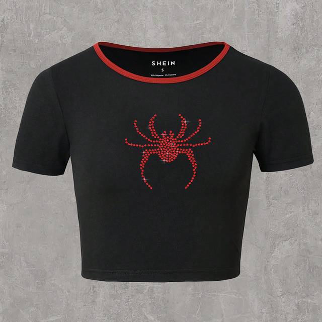 SHEIN Halloween Rhinestone Spider Print Contrast Binding Crop Tee