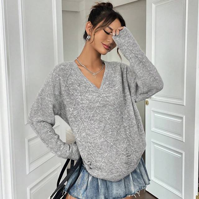 Flirla Space Dye Drop Shoulder Ripped Curved Hem Sweater