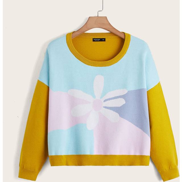 SHEIN Plus Colour Block Floral Pattern Jumper