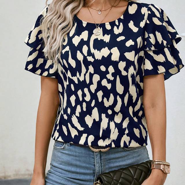 EMERY ROSE Allover Print Butterfly Sleeve Blouse,Short Sleeve Tops