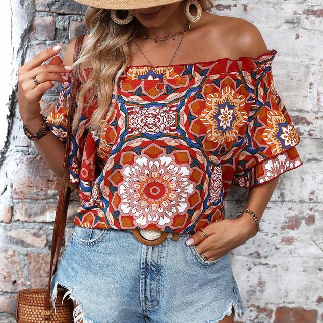 SHEIN Allover Print Off Shoulder Frill Trim Blouse