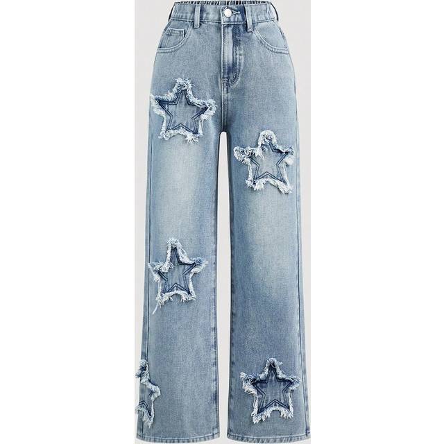 SHEIN Tween Girls Y2K Spring And Summer Boho Star Patched Faded Frayed Boyfriend Baggy Straight Leg Denim Jeans, Kid&#39;s Clothing Outfits