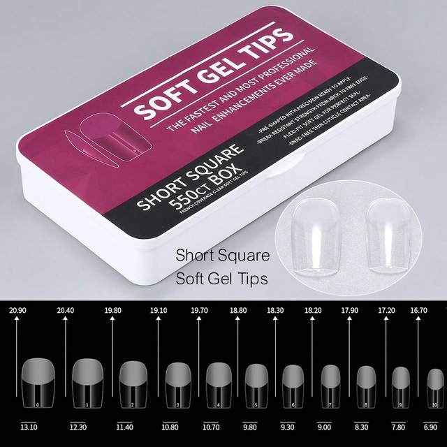 SHEIN 550Pcs Short Square Soft Gel Full Cover Nail Tips Kits, 11 Sizes Full Cover Pre-Shaped Fake Press On Nails With Case For DIY Home-Salon Manicure Tools