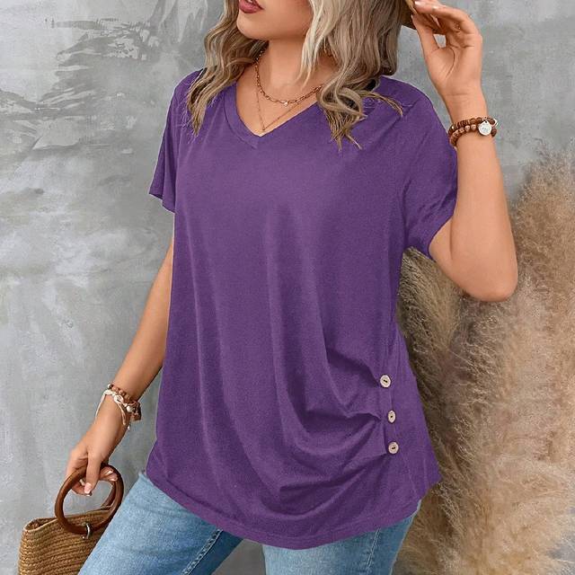 EMERY ROSE Plus Size Women&#39;s V Neck Short Sleeve Pleated T-Shirt Solid Button Detail Tee Button Detail Ruched Tee Tops