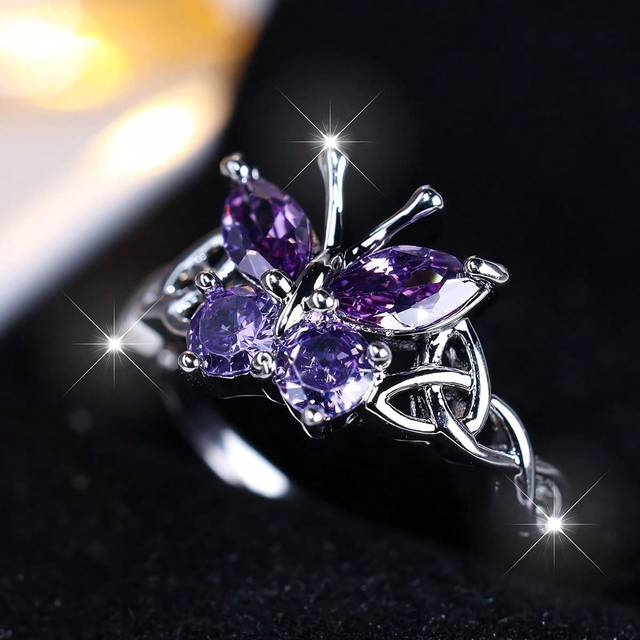 SHEIN 1pc Bright Faux & Purple Cubic Zirconia Butterfly Shaped Ring, Gift Box Included, Engagement & Wedding & Party Decor Jewelry