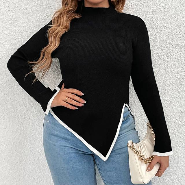 Knit Mix Plus Contrast Binding Split Asymmetrical Hem Jumper