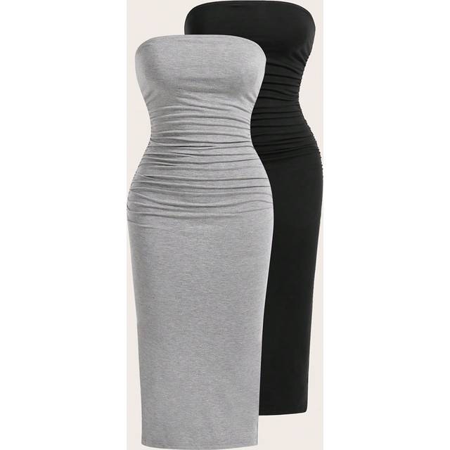 SHEIN Multicolor Knitted Split Strapless Dress,Summer Dresses For Women