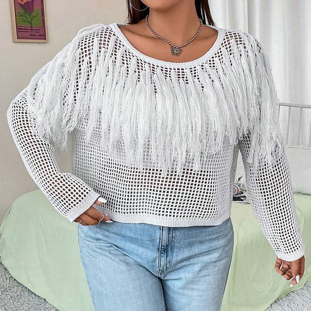 Flirla Plus Fringe Trim Open Knit Drop Shoulder Sweater