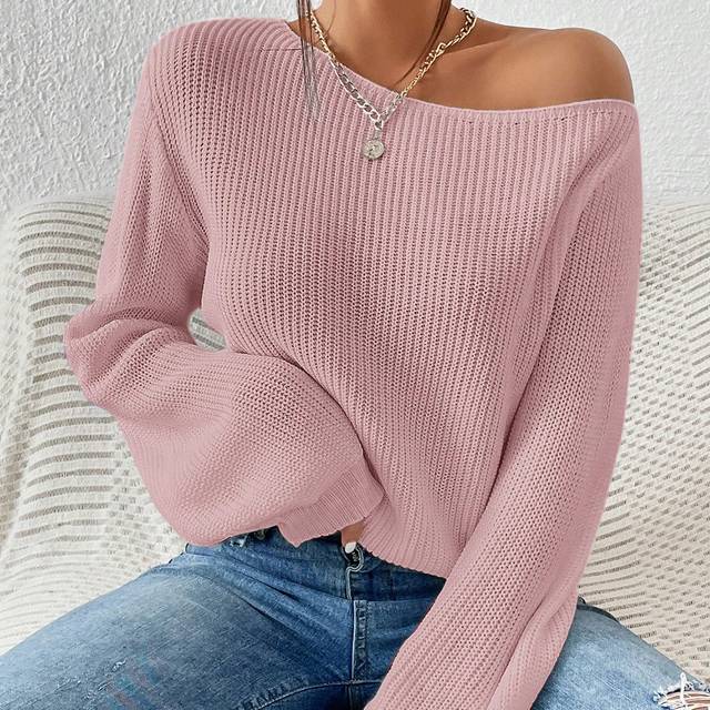 SHEIN Solid Ribbed Knit Asymmetrical Neck Bishop Sleeve Sweater,Long Sleeve Tops