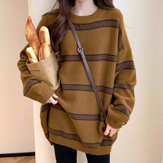Alicedudu Striped Drop Shoulder Oversized Sweater,Long Sleeve Tops