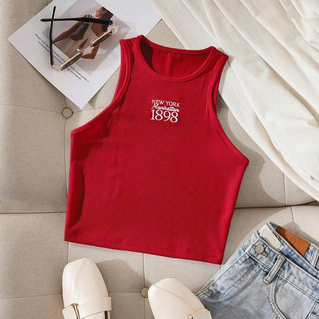 INAWLY Letter Embroidery Ribbed Knit Tank Top Graphic Tees Women Tops