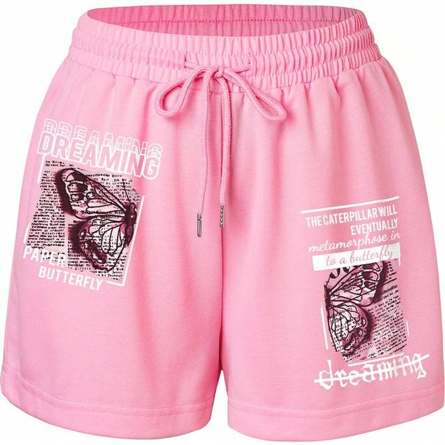 INAWLY Butterfly & Slogan Graphic Drawstring Waist Track Shorts