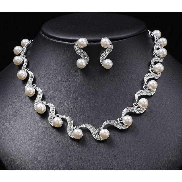 SHEIN New Fashion Elegant Big Pearl Bridal Jewelry Sets Silver Color Crystal Alloy Earrings & Necklace Sets For Women Gifts Designer Chain Bone Chain