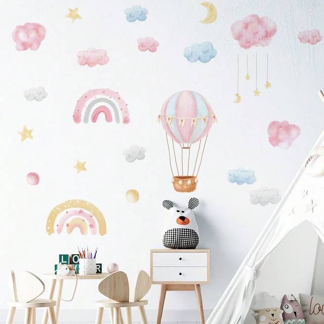 SHEIN 1Set Baby Girls Room Wall Decals Hot Air Balloon Wall Stickers Moon Star Clouds Balloons Pink Peel And Stick Baby Nursery Girls Bedroom Toddler Room W