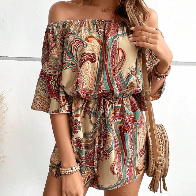 EMERY ROSE Paisley Print Off Shoulder Knot Front Romper