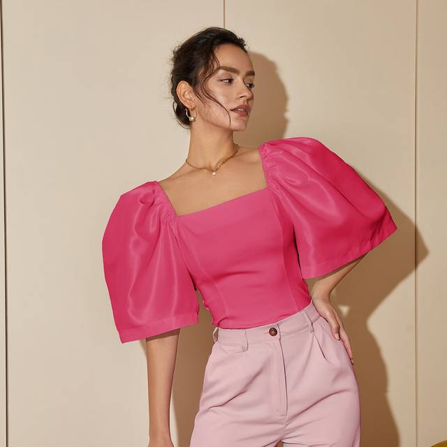 SHEIN Women&#39;s Casual Solid Color Puff Sleeve Square Collar Shirt, Summer Outfits For Women Crop Tops, Business Casual