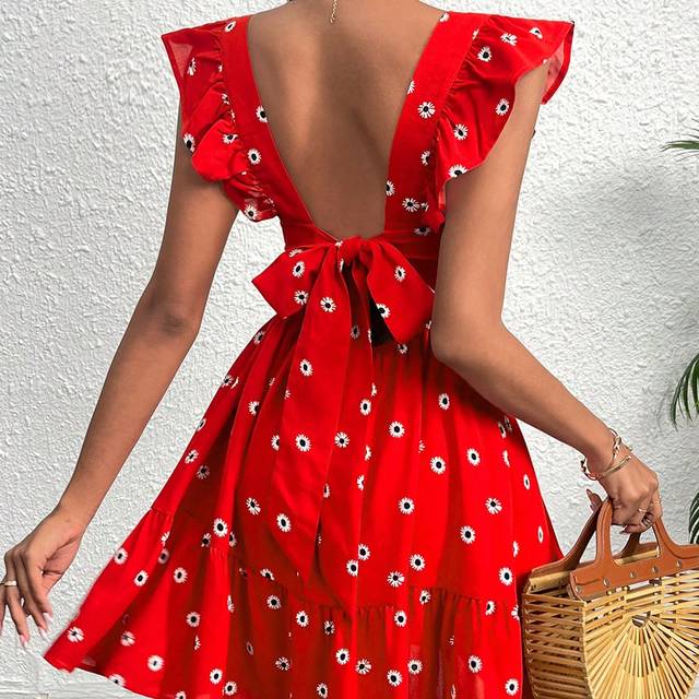 Soleia Floral Print Tie Backless Ruffle Trim Dress