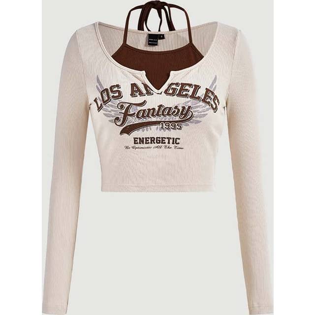 SHEIN Letter Graphic Halter Neck 2 In 1 Off The Shoulder Khaki Tee