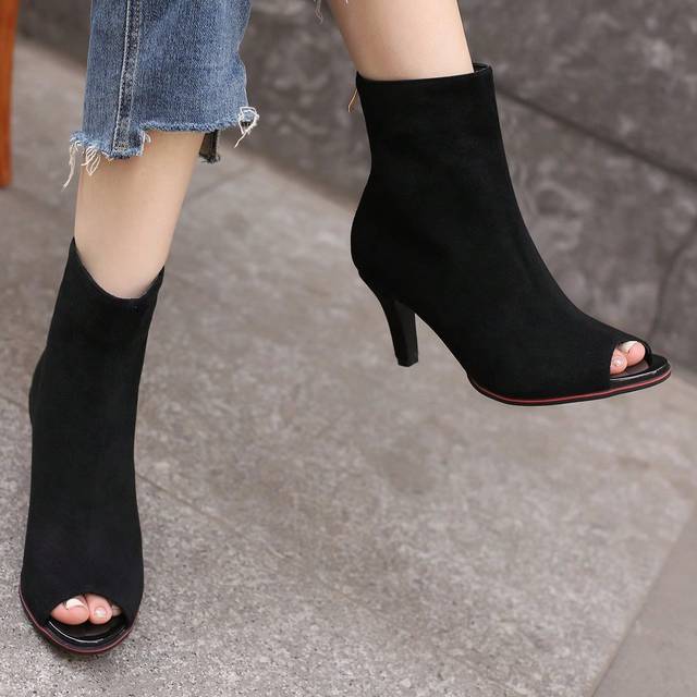 SHEIN Black High Elasticity Faux Suede Ankle Boots, Peep Toe Women&#39;s Fashionable Shoes