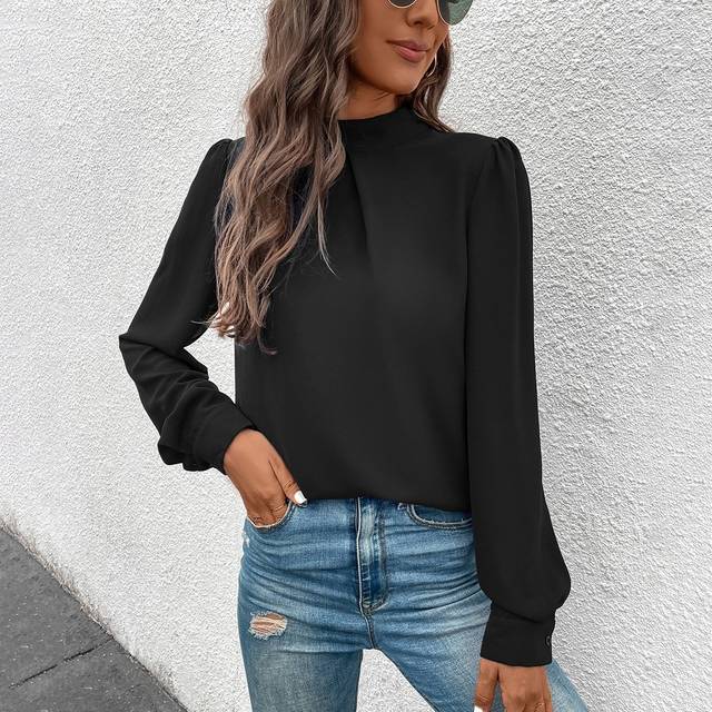 SHEIN Mock Neck Puff Sleeve Blouse,Long Sleeve Tops