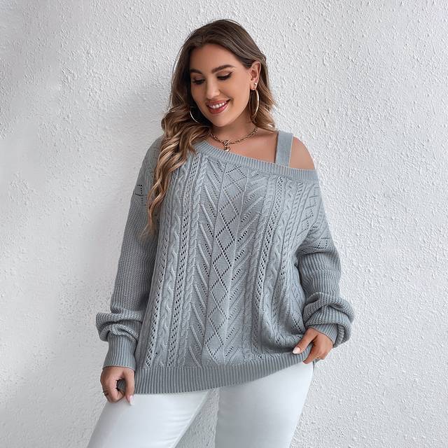 SHEIN Plus Cable Knit Asymmetrical Neck Drop Shoulder Jumper