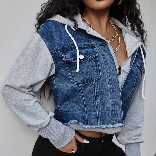 SHEIN Zip Up Drawstring Hooded Crop 2 In 1 Denim Jacket