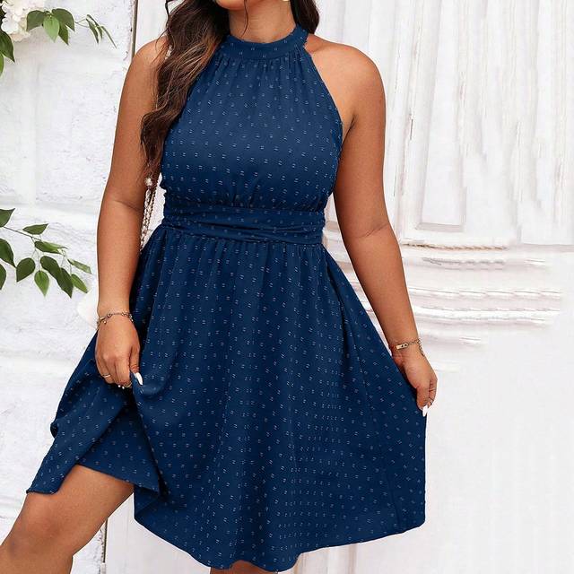 Celure Plus Swiss Dot Halter Neck Dress
