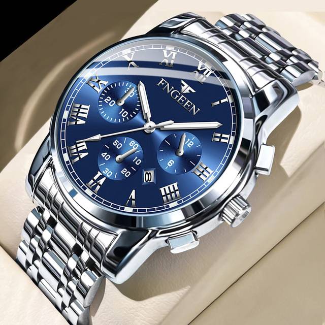FNGEEN 1pc Men Watch Stainless Steel Luxury Hidden Clasp Waterproof Date Display Luminescent Sport Wristwatch