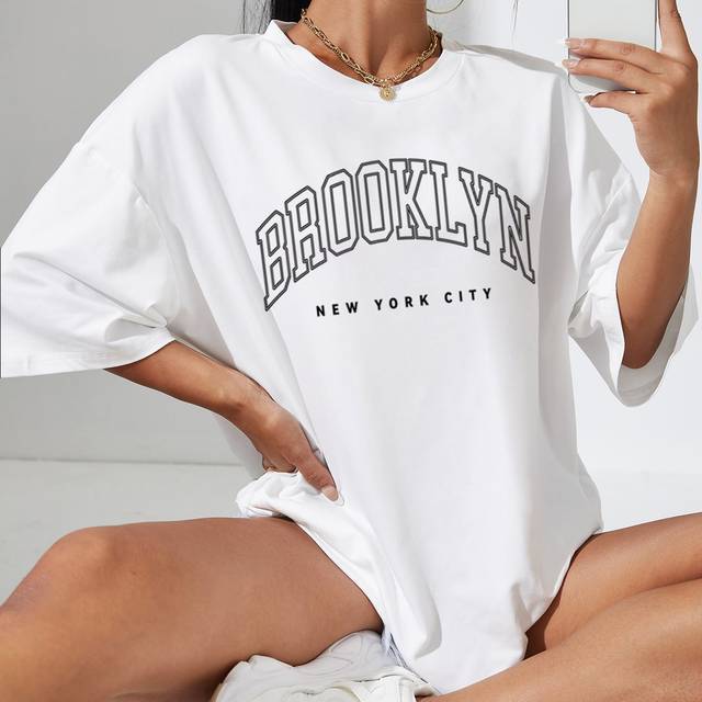 INAWLY Letter Graphic Drop Shoulder Oversized Tee Graphic Tees Women Tops