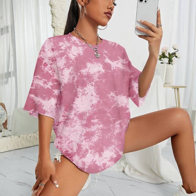 INAWLY Tie Dye Drop Shoulder Tee Graphic Tees Women Tops