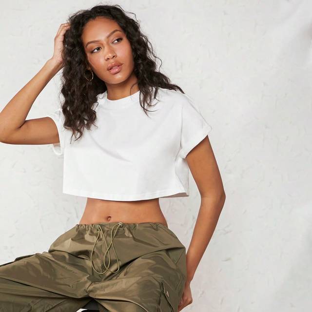 SHEIN Solid Round Neck Batwing Sleeve Crop Tee