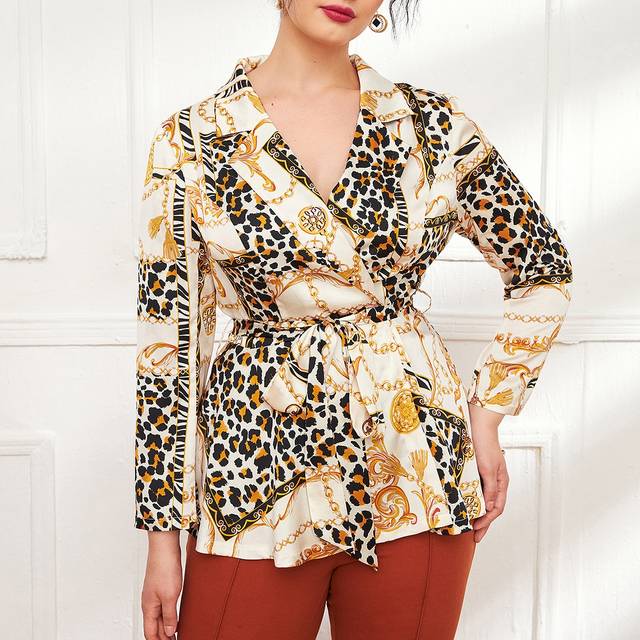 Omgiven Leopard Chain Print Elegant Plus Size Blus - Multifärgad (0XL,1XL,2XL,3XL,4XL)