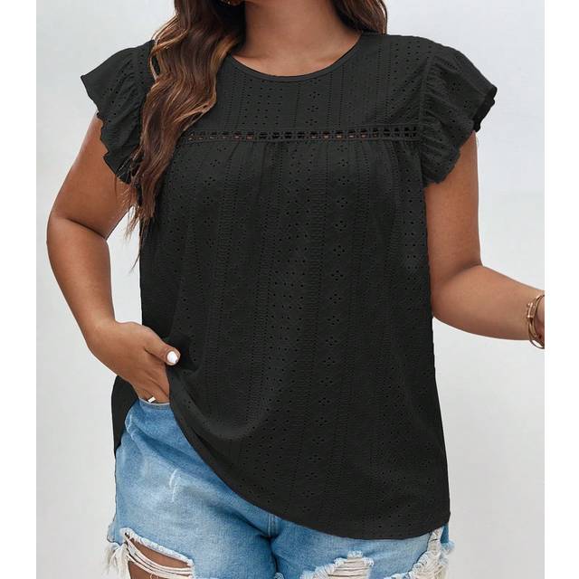 SHEIN Plus Eyelet Embroidery Ruffle Trim Butterfly Sleeve Tee