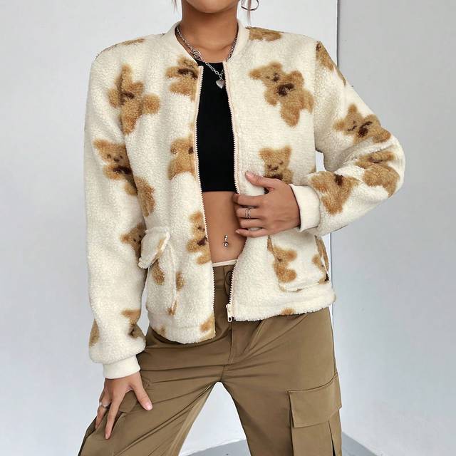 Flirla Bear Pattern Flap Pocket Teddy Bomber Jacket