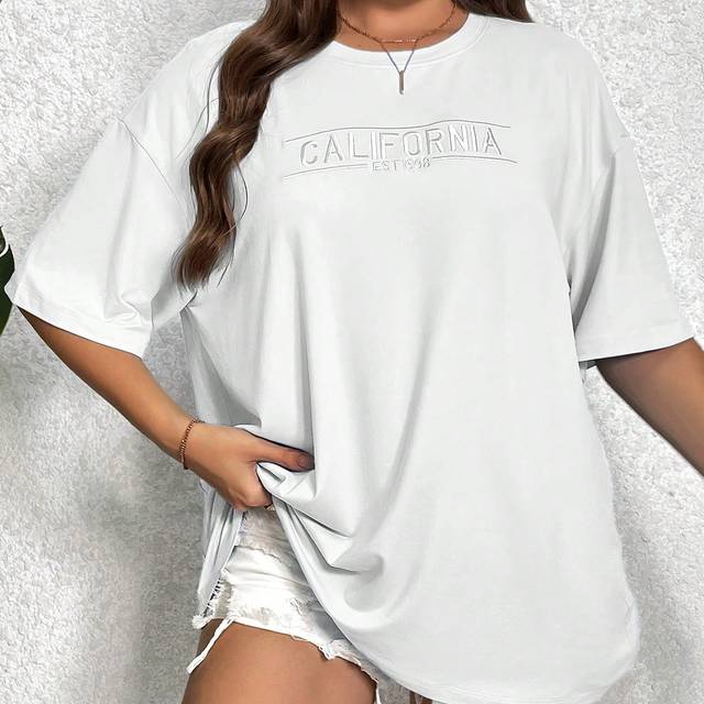 SHEIN Plus Letter Embroidery Drop Shoulder Tee